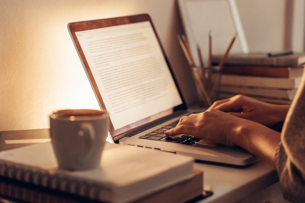 A copywriter writes an article on a laptop