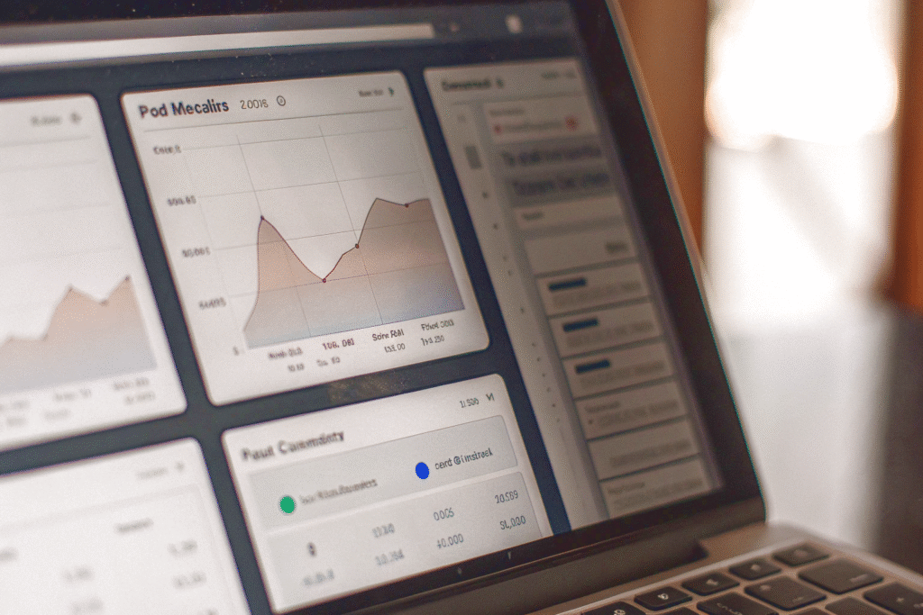 Laptop screen with graphs of advertising and paid media performance analysis