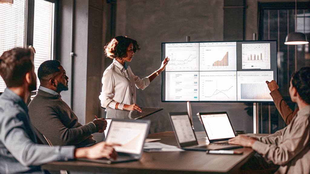 A team of SEO experts in a modern office discussing a project around a table, with laptops displaying traffic analytics and charts.