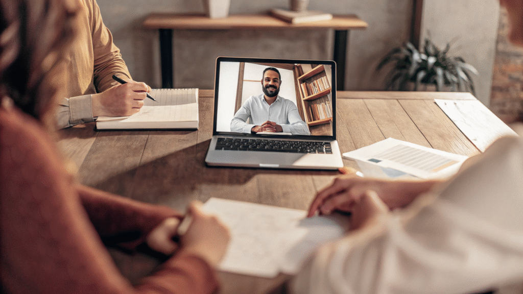 A team of SEO specialists conducts an audit with a client on a laptop call.